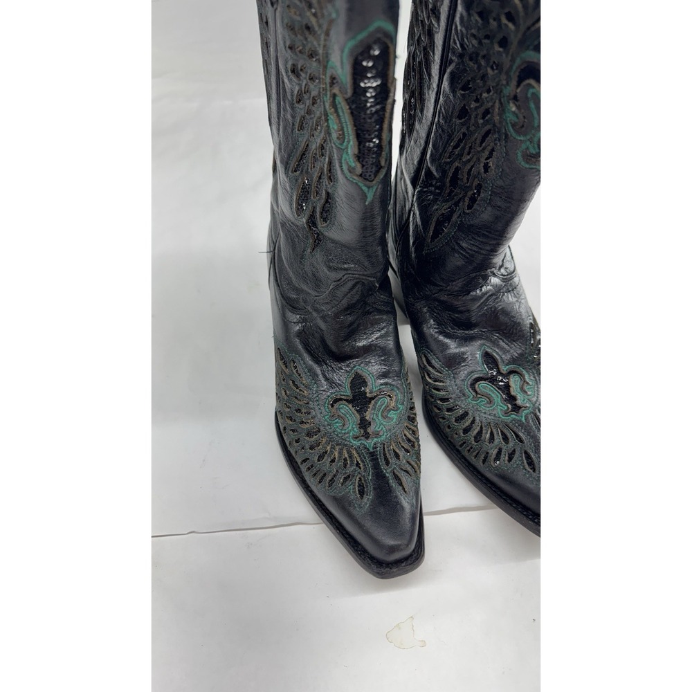 Corral Vintage Boots Women 9M Angel Wings Fleur De Lis Inlay Black Turquoise